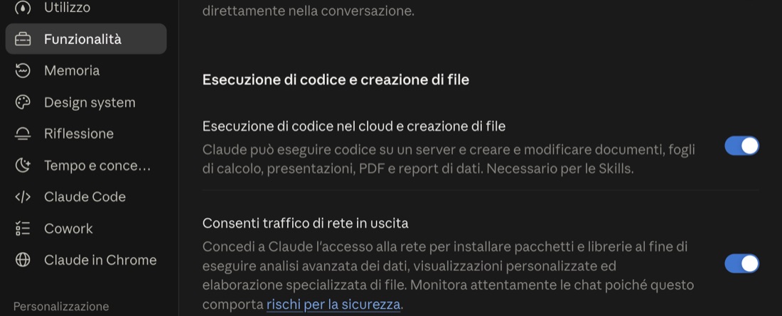 Impostazioni di Claude, sezione Funzionalità: l'interruttore Esecuzione di codice nel cloud e creazione di file è acceso